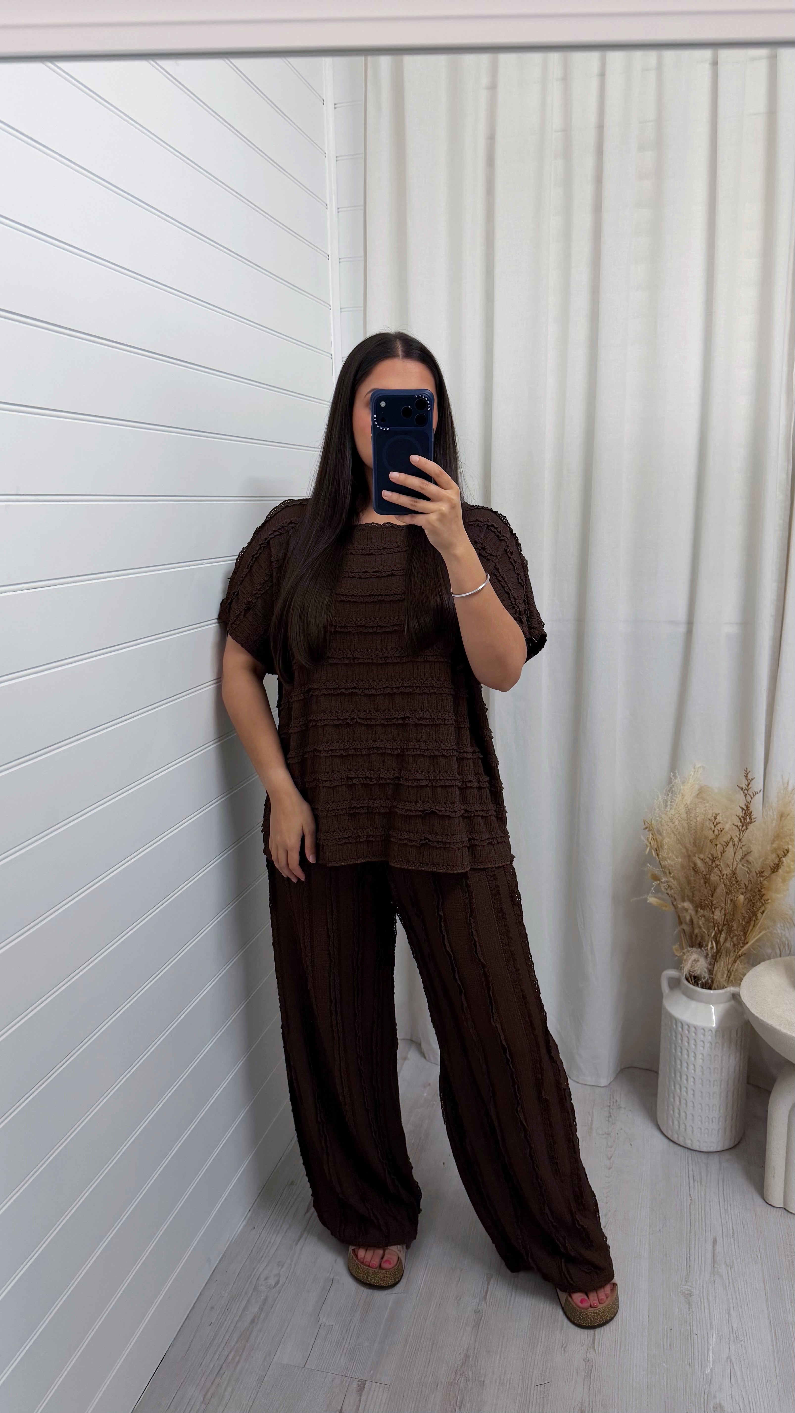 Frill Tiered T-Shirt and Wide Leg Trousers Co-Ord - BROWN