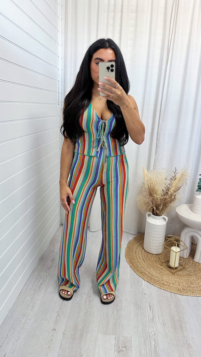 Crochet Stripe Tie Waistcoat and Trousers Co-Ord - GREEN