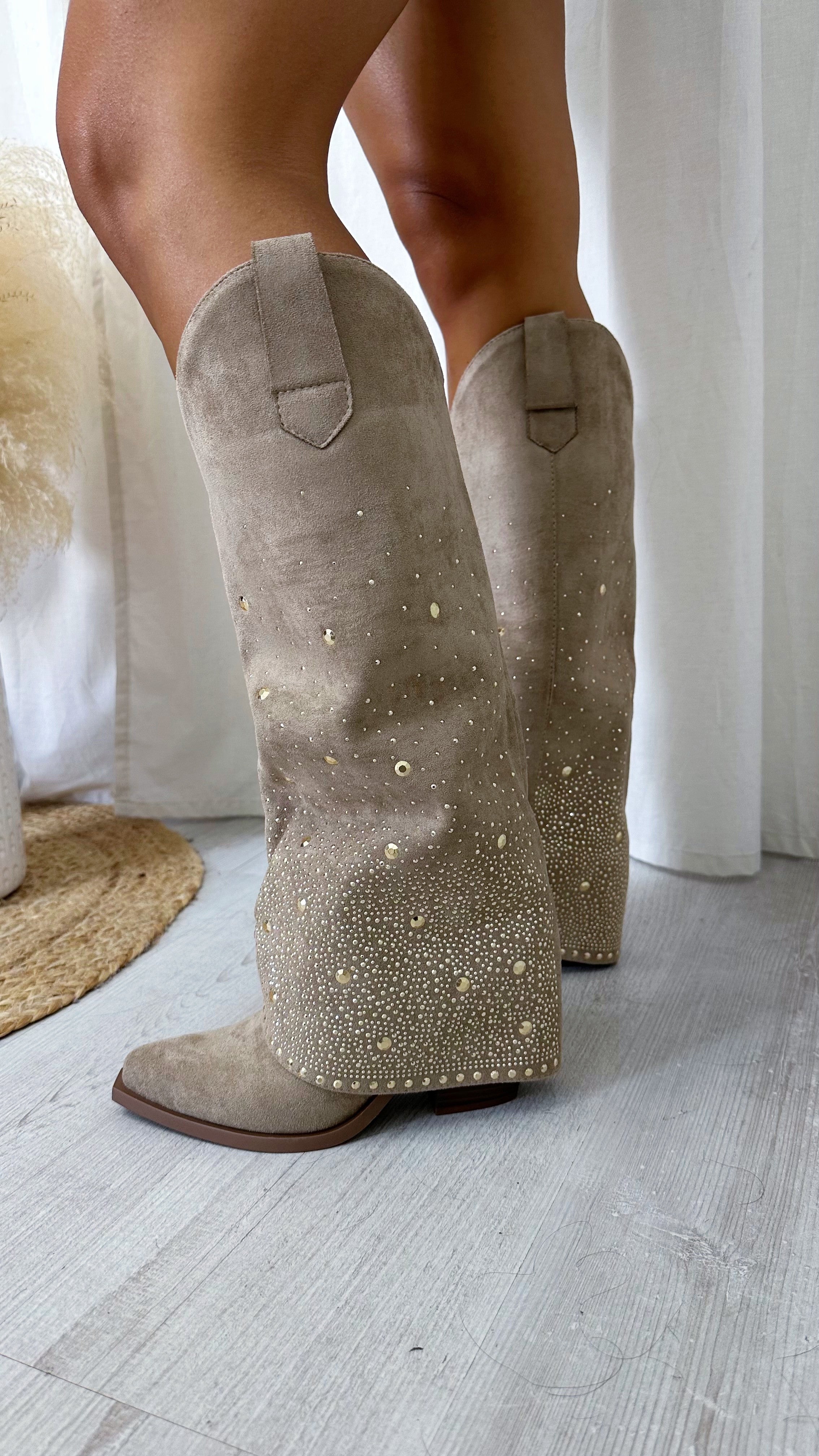 Gold Stud Knee High Fold Over Cowboy Boots - MOCHA