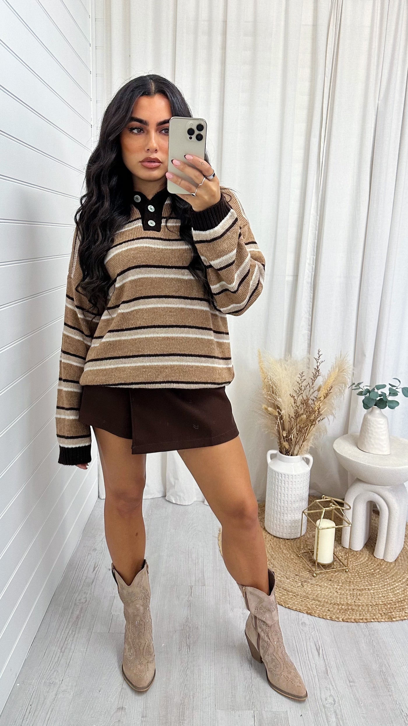 Stripey Knitted Button Up Jumper - CARAMEL