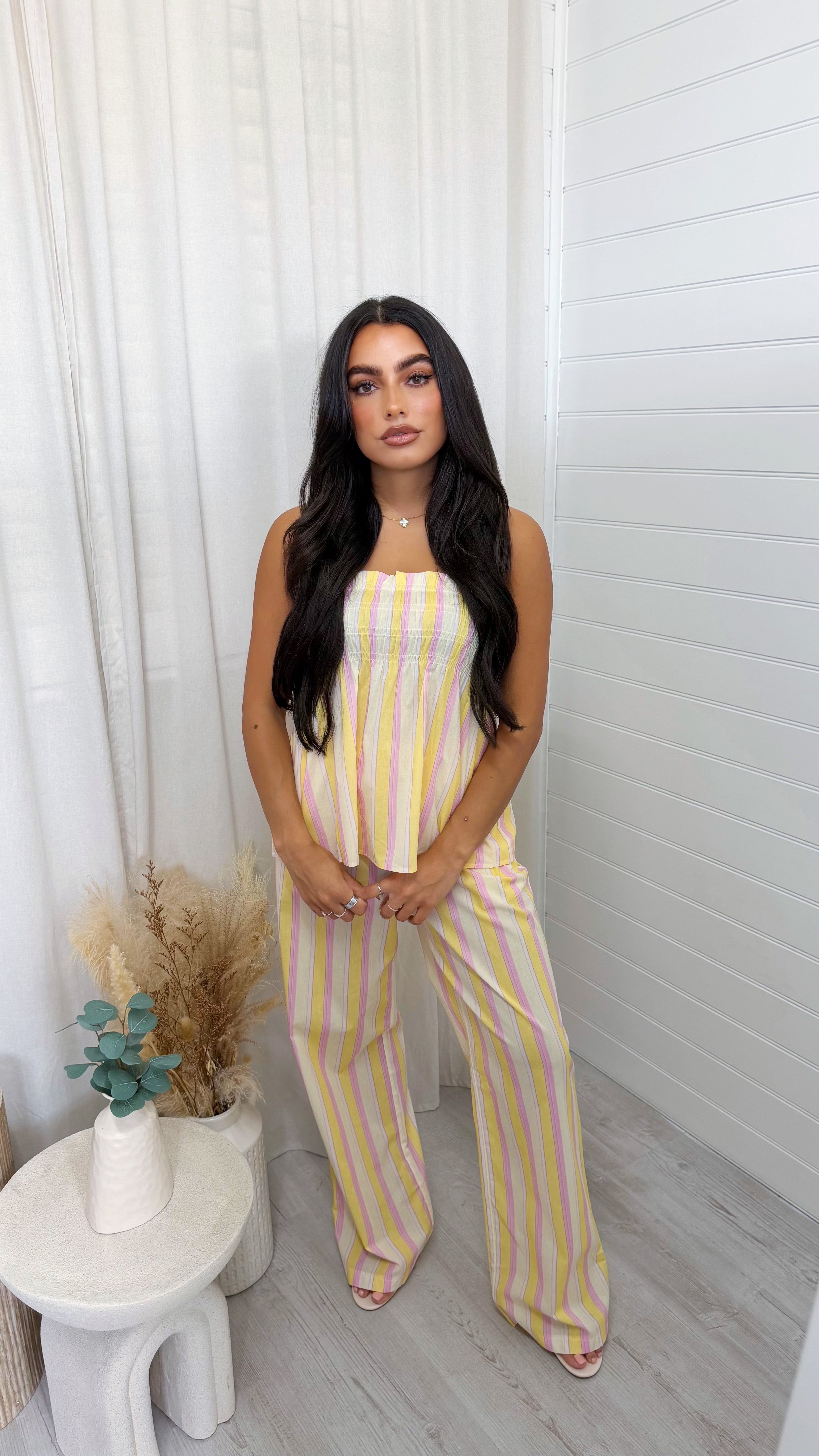 Pastel Stripe Shirred Top and Trousers Co-Ord - LEMON
