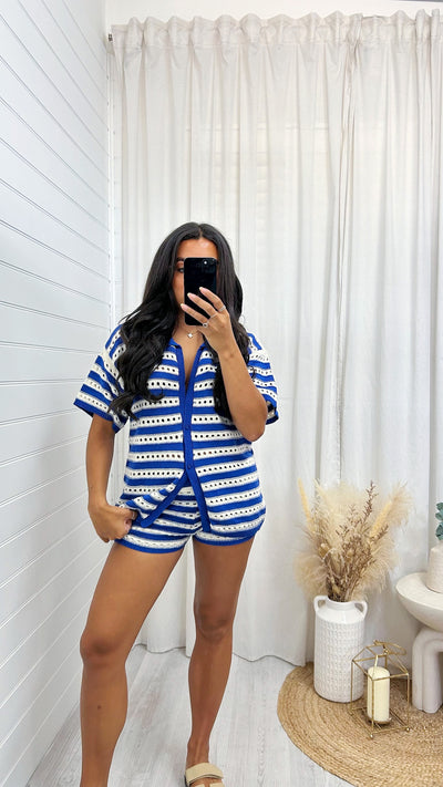 Stripey Knitted Cardigan and Mini Shorts Co-Ord - BLUE