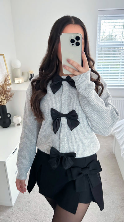 Woollen Mini Bow Cardigan - GREY