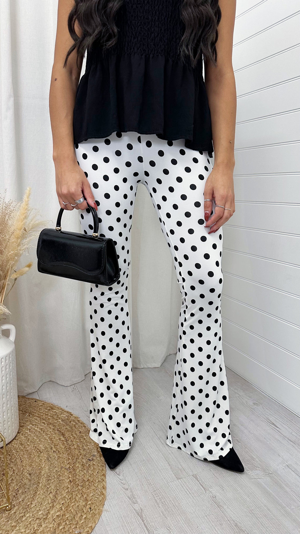 High Waisted Polka Dot Stretchy Flares - WHITE