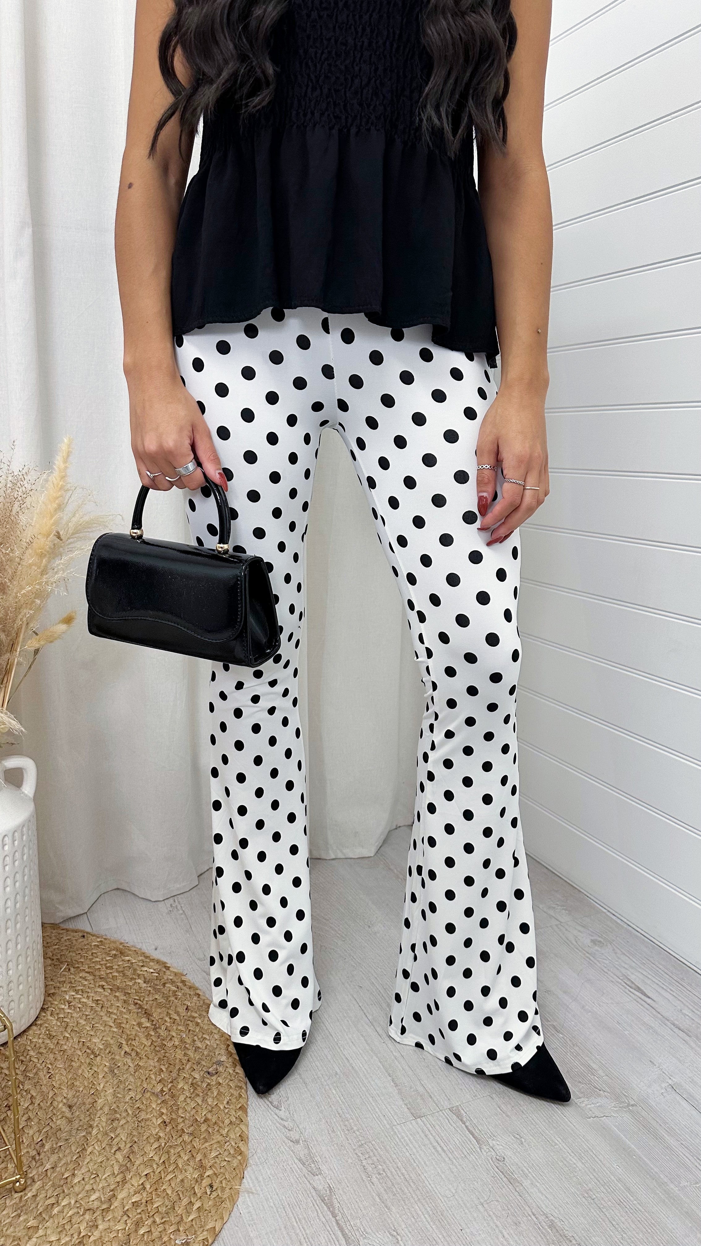 High Waisted Polka Dot Stretchy Flares - WHITE