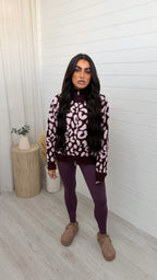 Leopard Print Knitted Jacket - BURGUNDY/PINK
