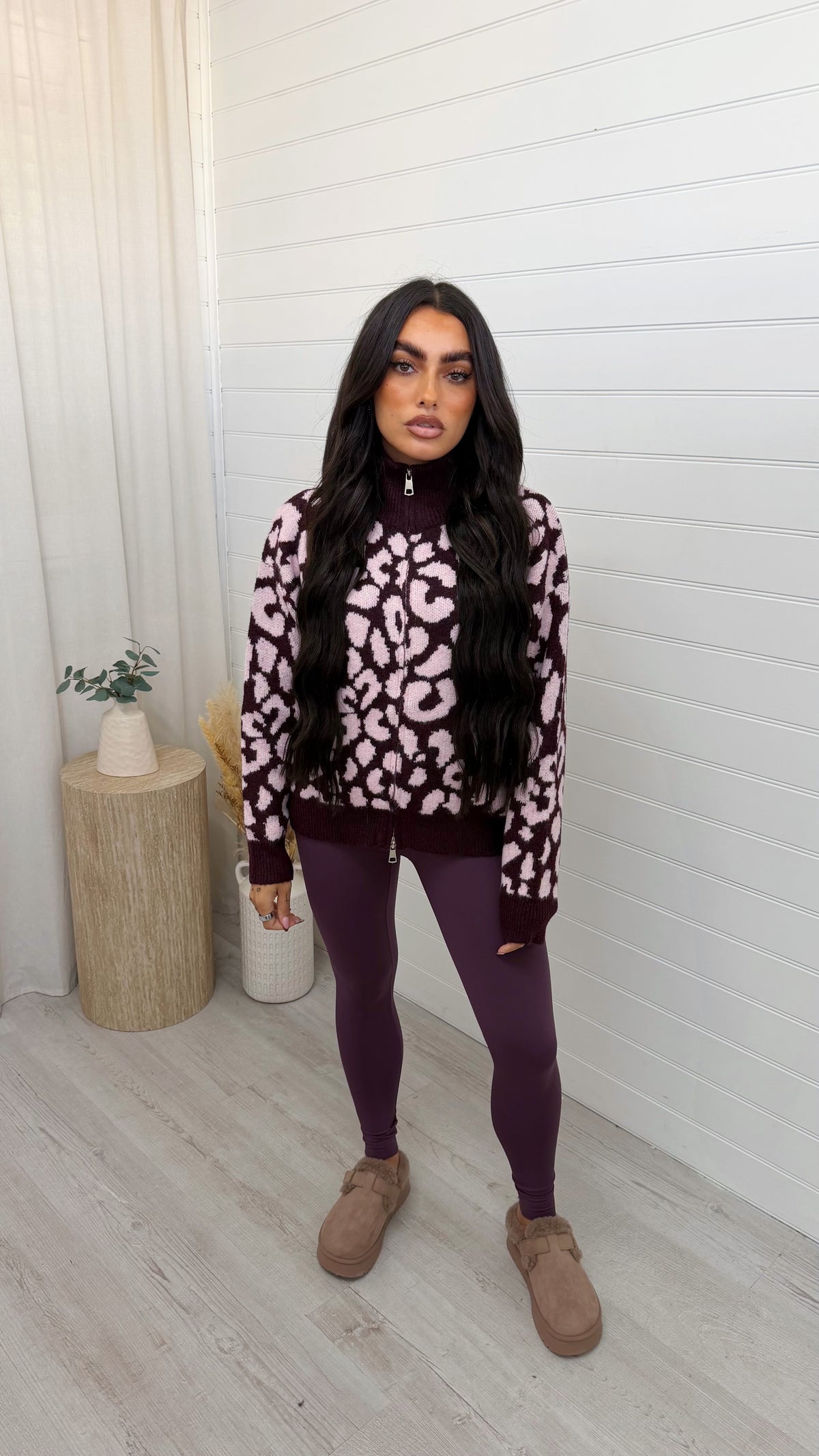 Leopard Print Knitted Jacket - BURGUNDY/PINK