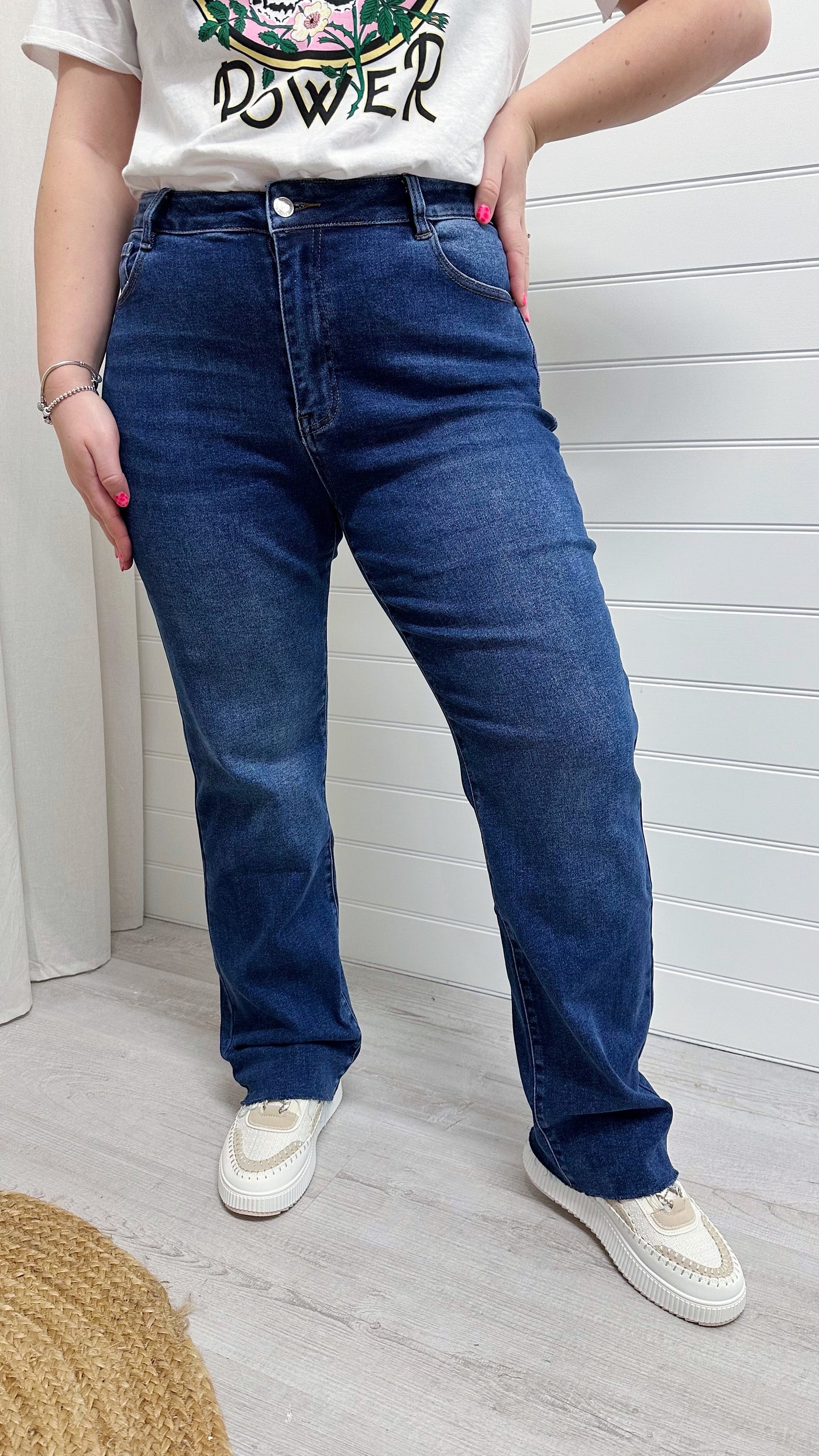 PLUS High Waisted Stretchy Straight Leg Jeans - DARK DENIM