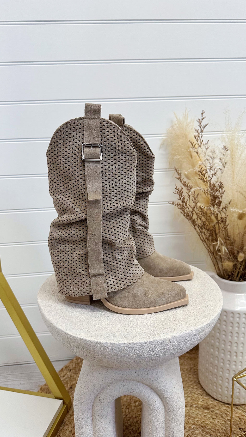 Suede Mesh Calf Length Cowboy Boots - DARK BEIGE