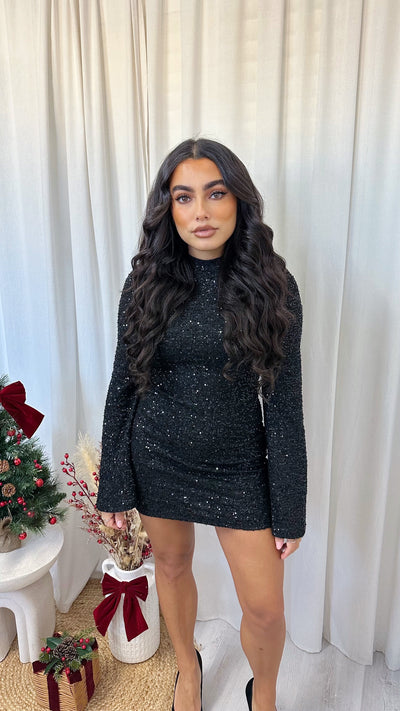 Bell Sleeve Sequin Dress - BLACK