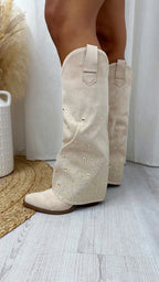 Gold Stud Knee High Fold Over Cowboy Boots - BEIGE