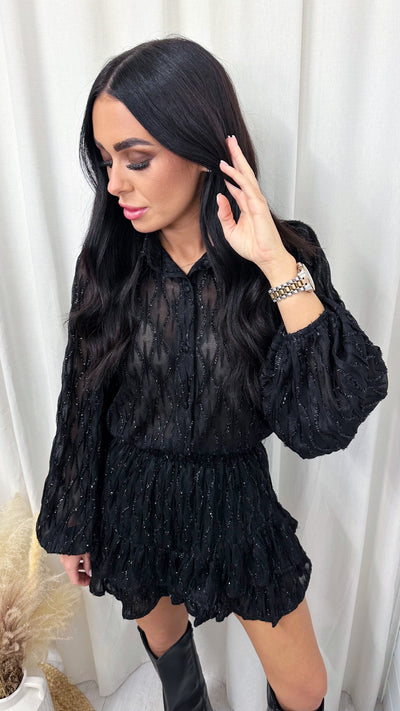 Mesh Glittery Blouse and Frill Hem Shorts Co-Ord - BLACK