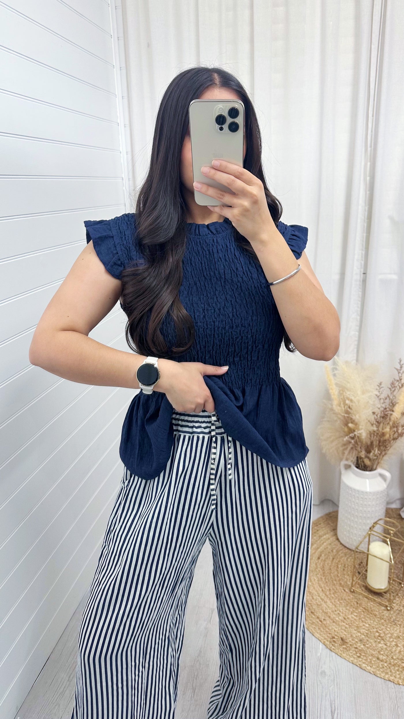 Pinstripe Linen Wide Leg Trousers - NAVY