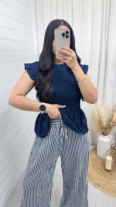 Pinstripe Linen Wide Leg Trousers - NAVY