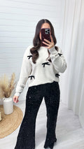 Velvet Sequin Flare Trousers - BLACK