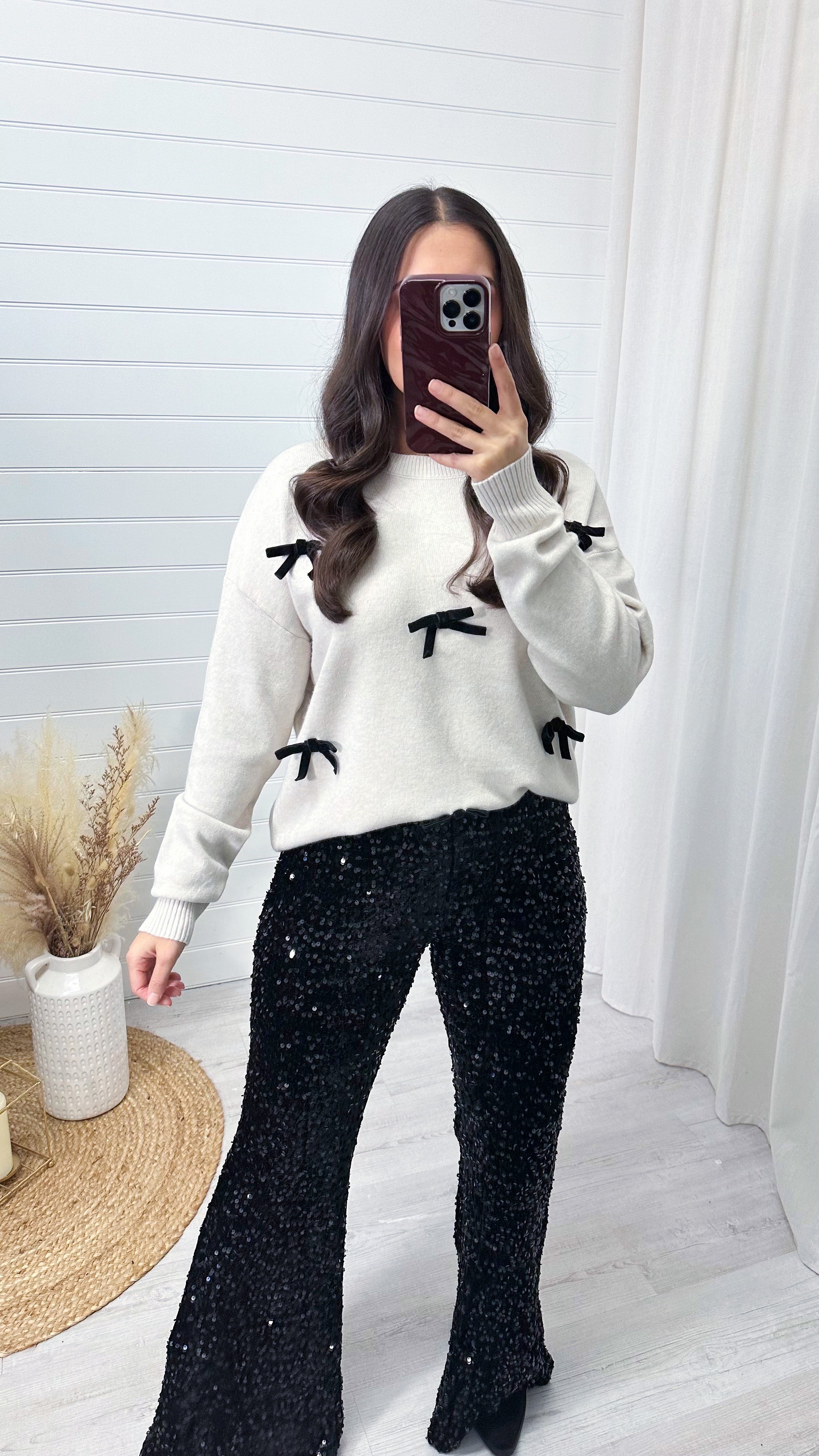 Velvet Sequin Flare Trousers - BLACK