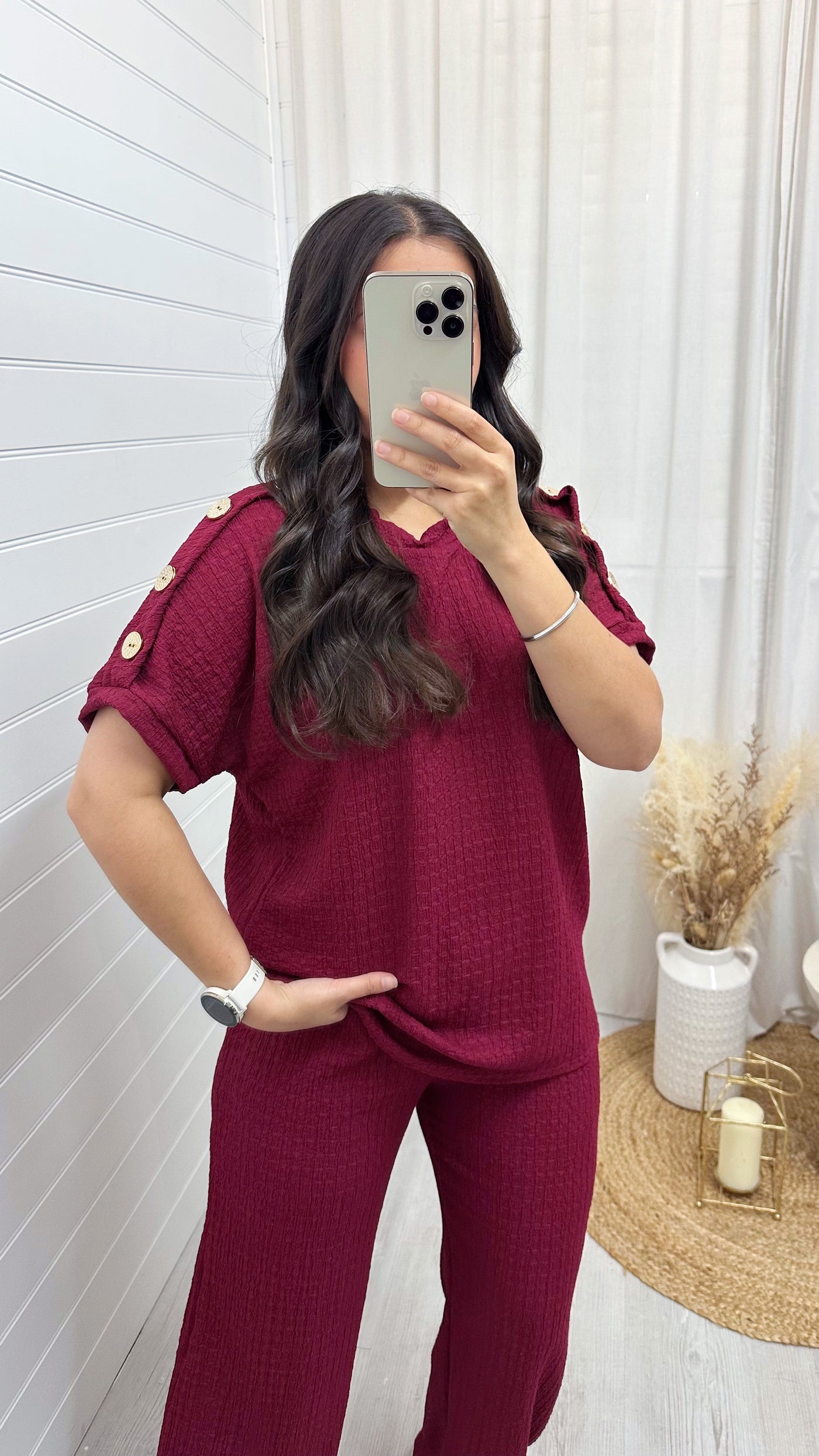 Cheesecloth Gold Button T-Shirt and Trousers Co-Ord - WINE