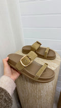 Buckle Strap Suede Sliders - BEIGE