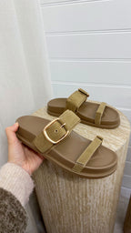 Buckle Strap Suede Sliders - BEIGE