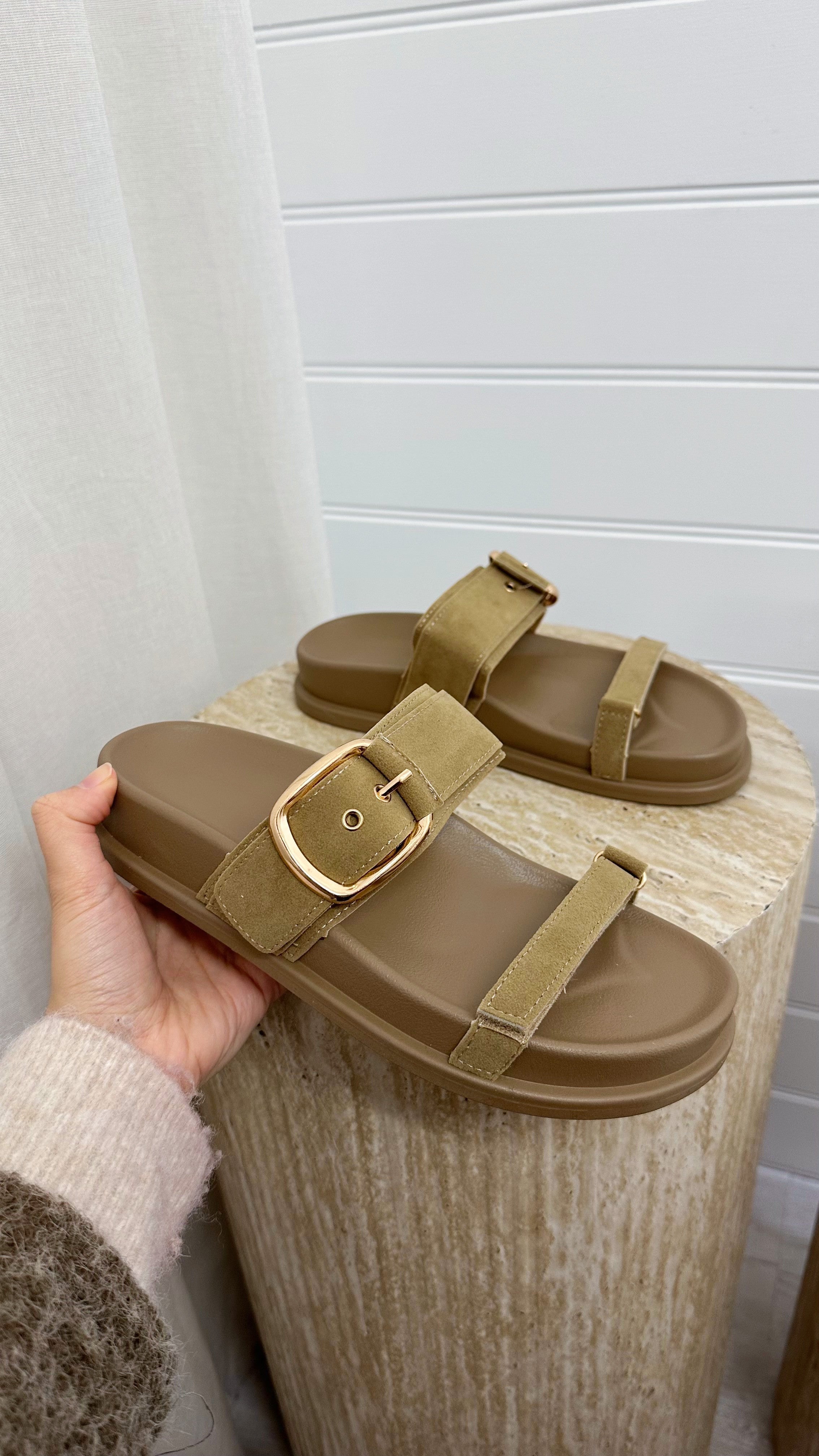 Buckle Strap Suede Sliders - BEIGE