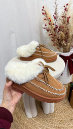 Fur Lined Embroidered Mules - CAMEL