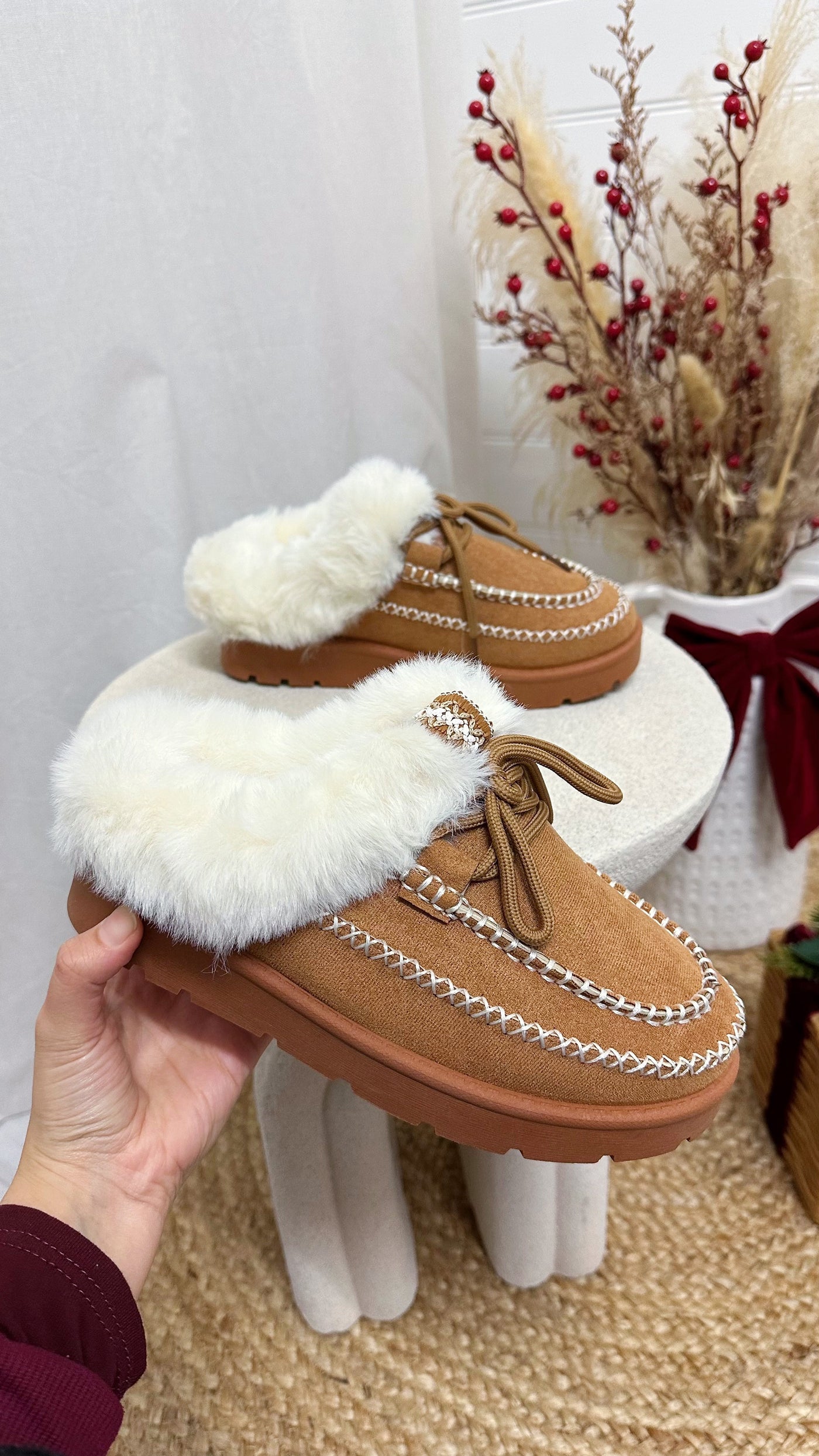 Fur Lined Embroidered Mules - CAMEL