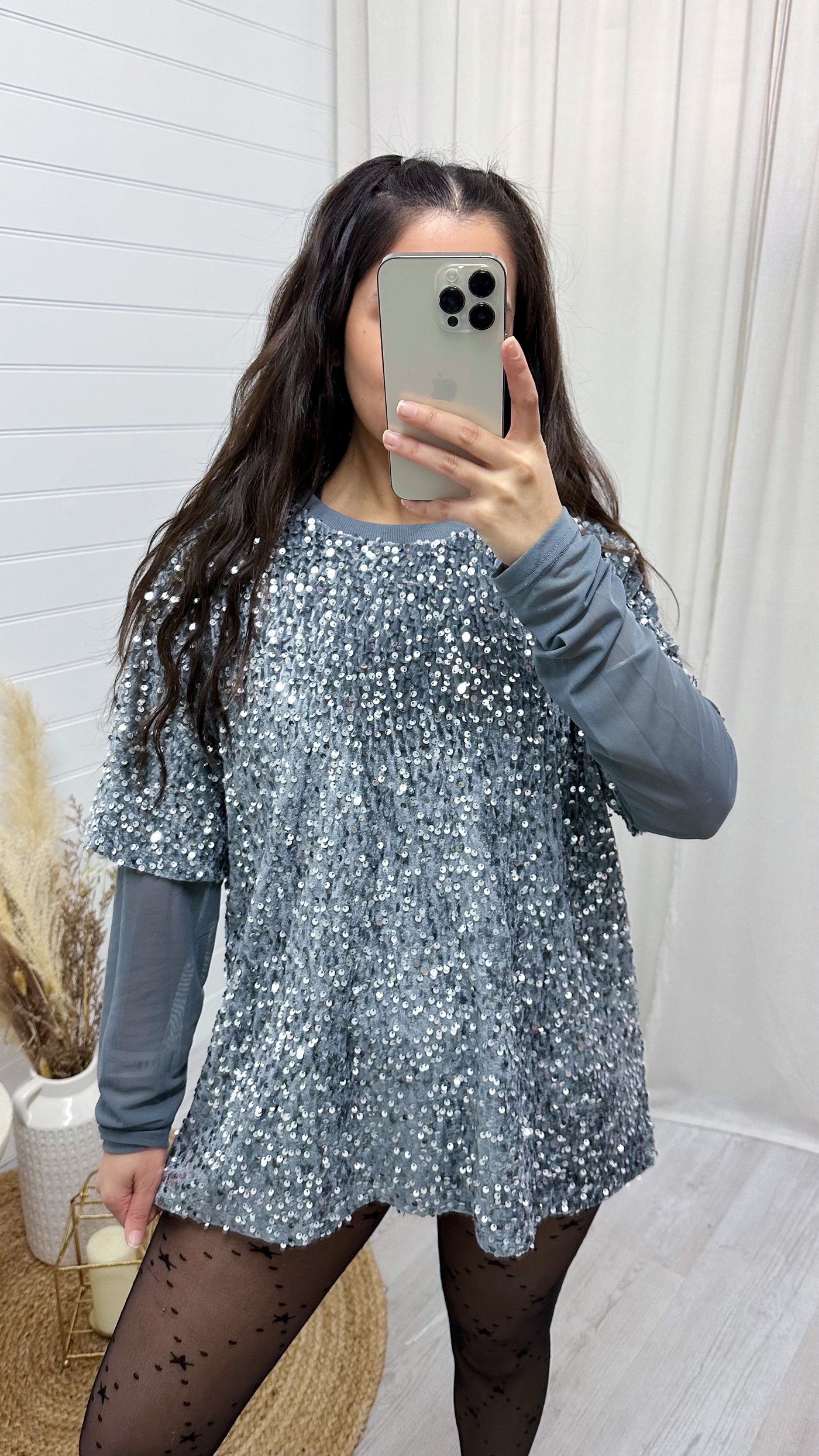 Mesh Sleeve Oversized Sequin T-Shirt - SILVER