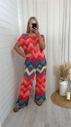 Zig Zag Pleated Top and Trousers Co-Ord - ORANGE