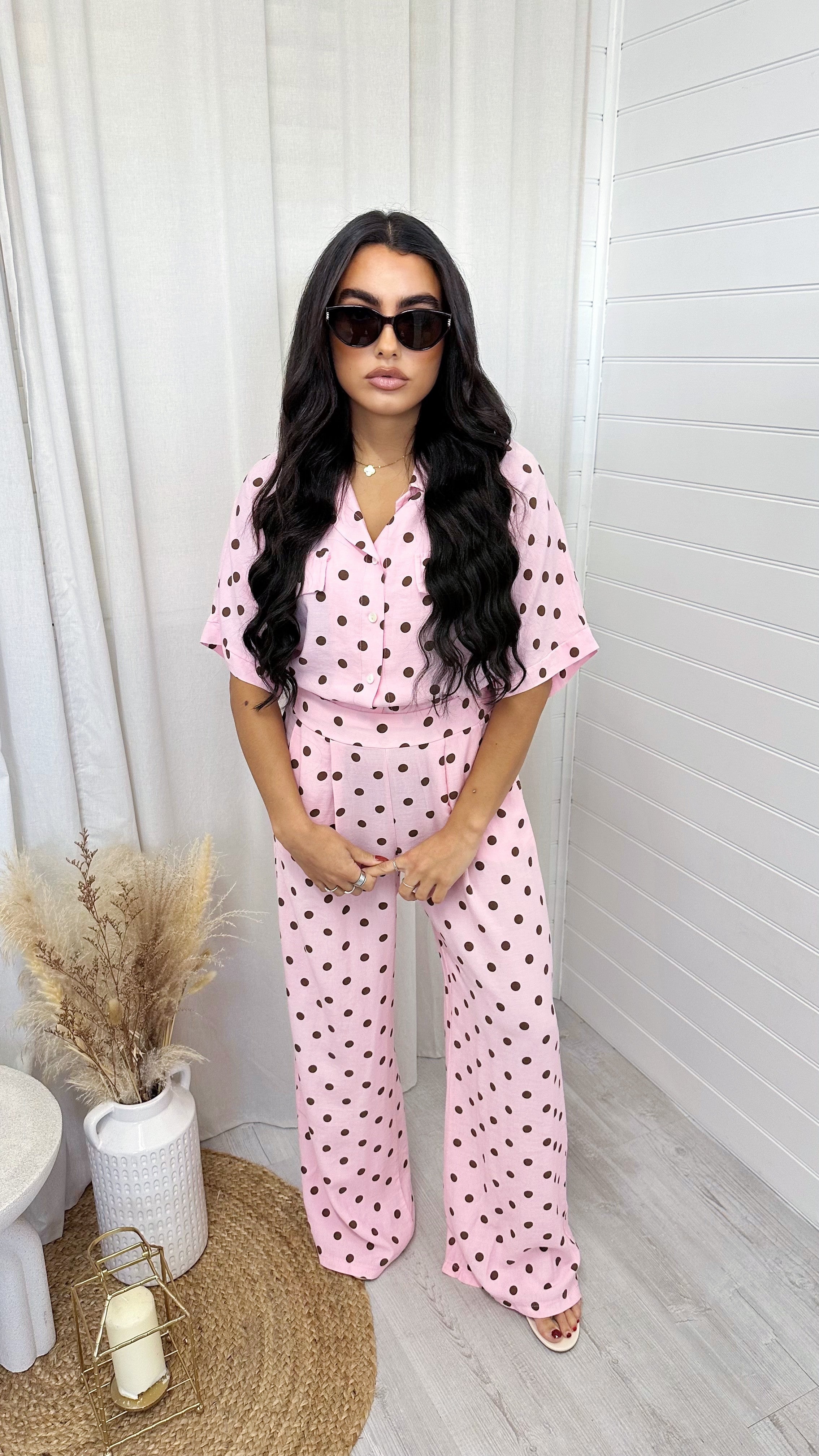 Polka Dot Cropped Shirt and Trousers Co-Ord - PINK/BROWN