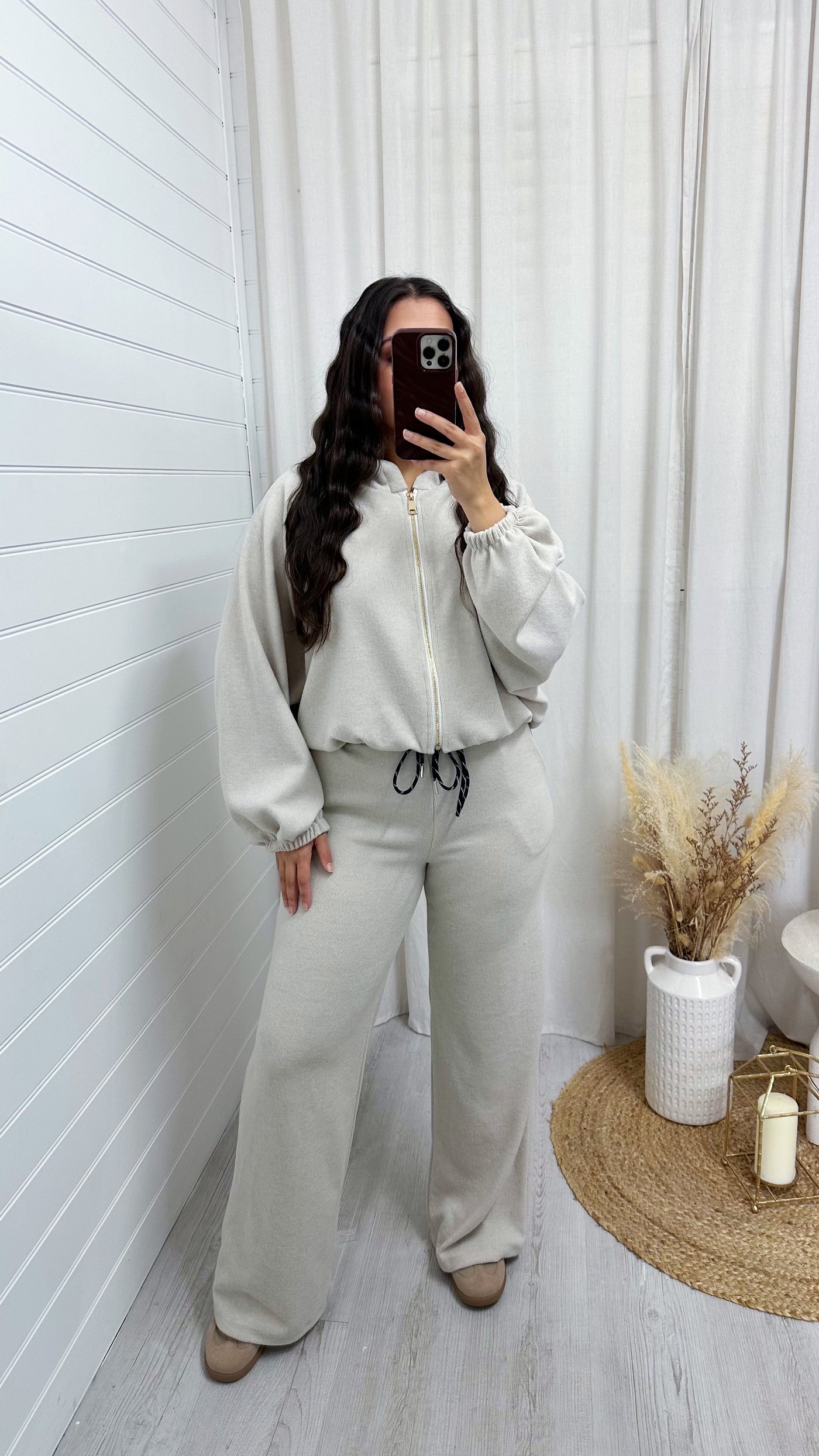 Shimmery Knitted  Bomber Jacket and Joggers Co-Ord - CREAM
