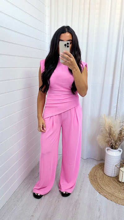 Asymmetrical Top and Wide Leg Trousers Co-Ord - CANDY PINK