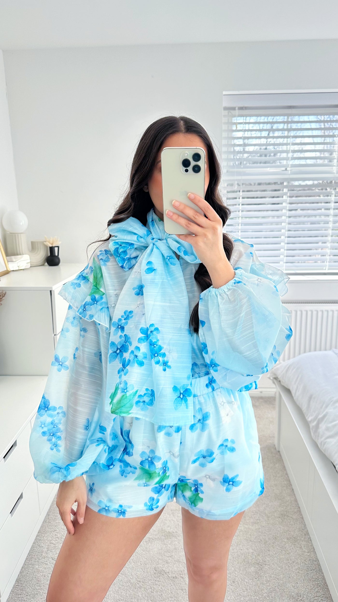 Floral Bow Blouse and Shorts Co-Ord - BLUE