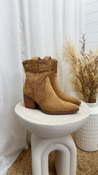 Embroidered Suede Ankle Length Cowboy Boots - TAN