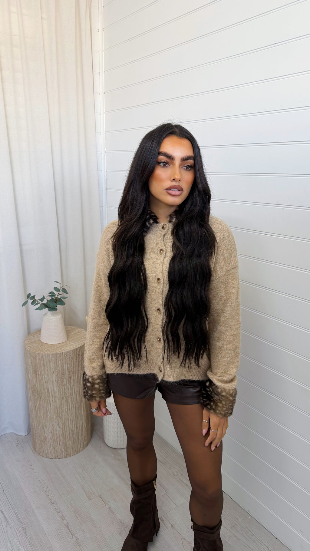 Deer Faux Fur Trim Cardigan - BEIGE