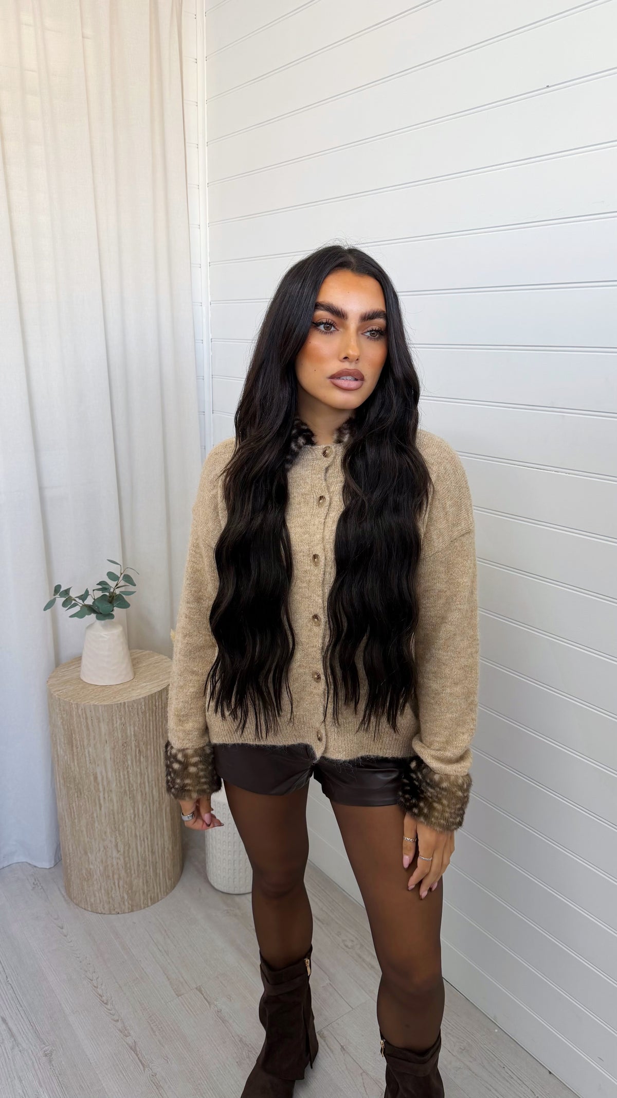 Deer Faux Fur Trim Cardigan - BEIGE