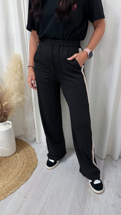 Women's Retro Plain Side Stripe Trousers - BLACK