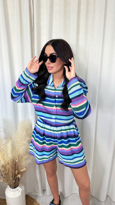 Striped Knitted Shirt and Shorts Set - BLUE