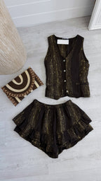 Gold Thread Linen Waistcoat and Frill Skort Co-Ord - BROWN