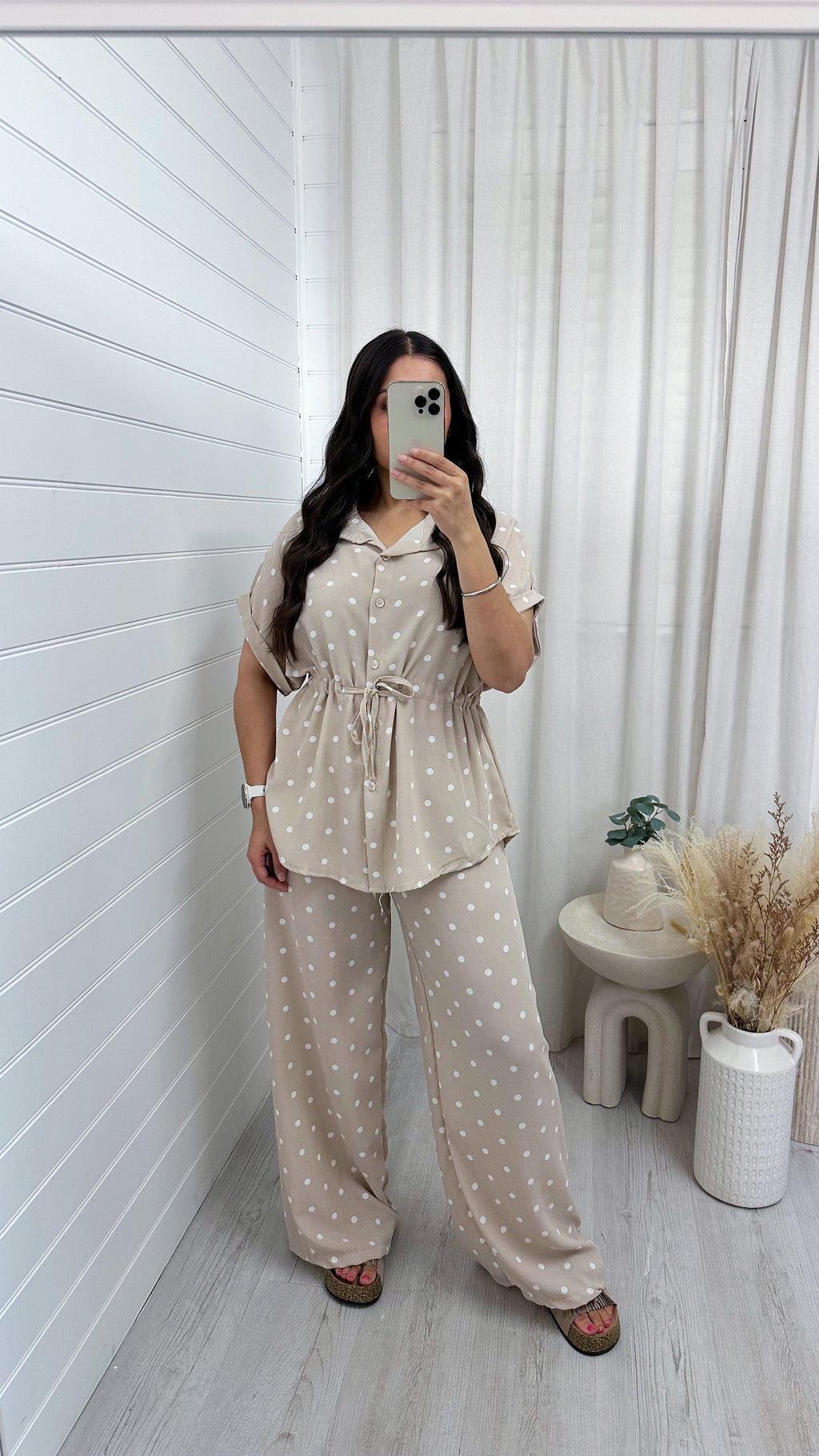 Polka Dot Cinched Shirt and Trousers Co-Ord - BEIGE