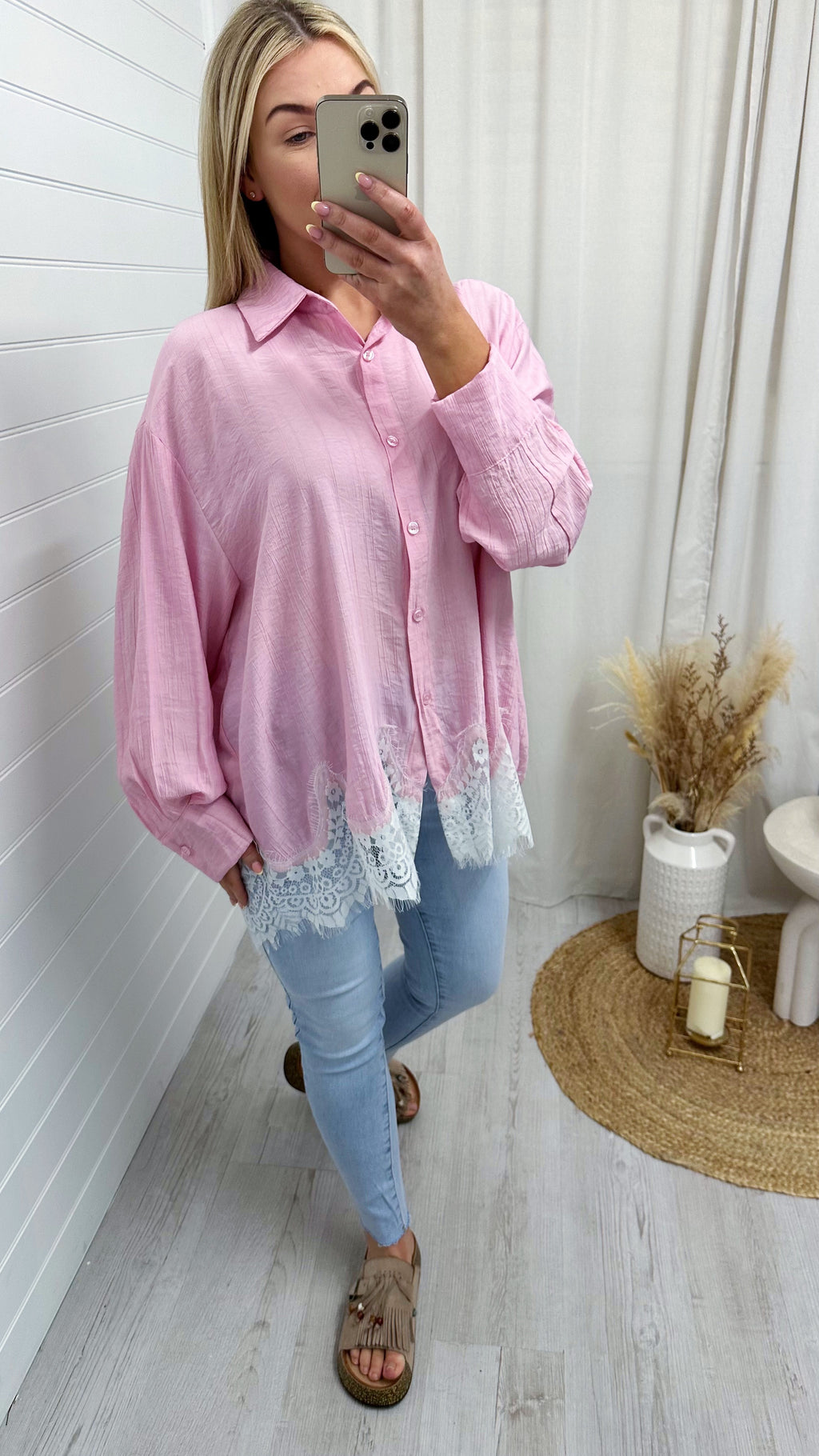 Lace Hem Crinke Shirt - PINK