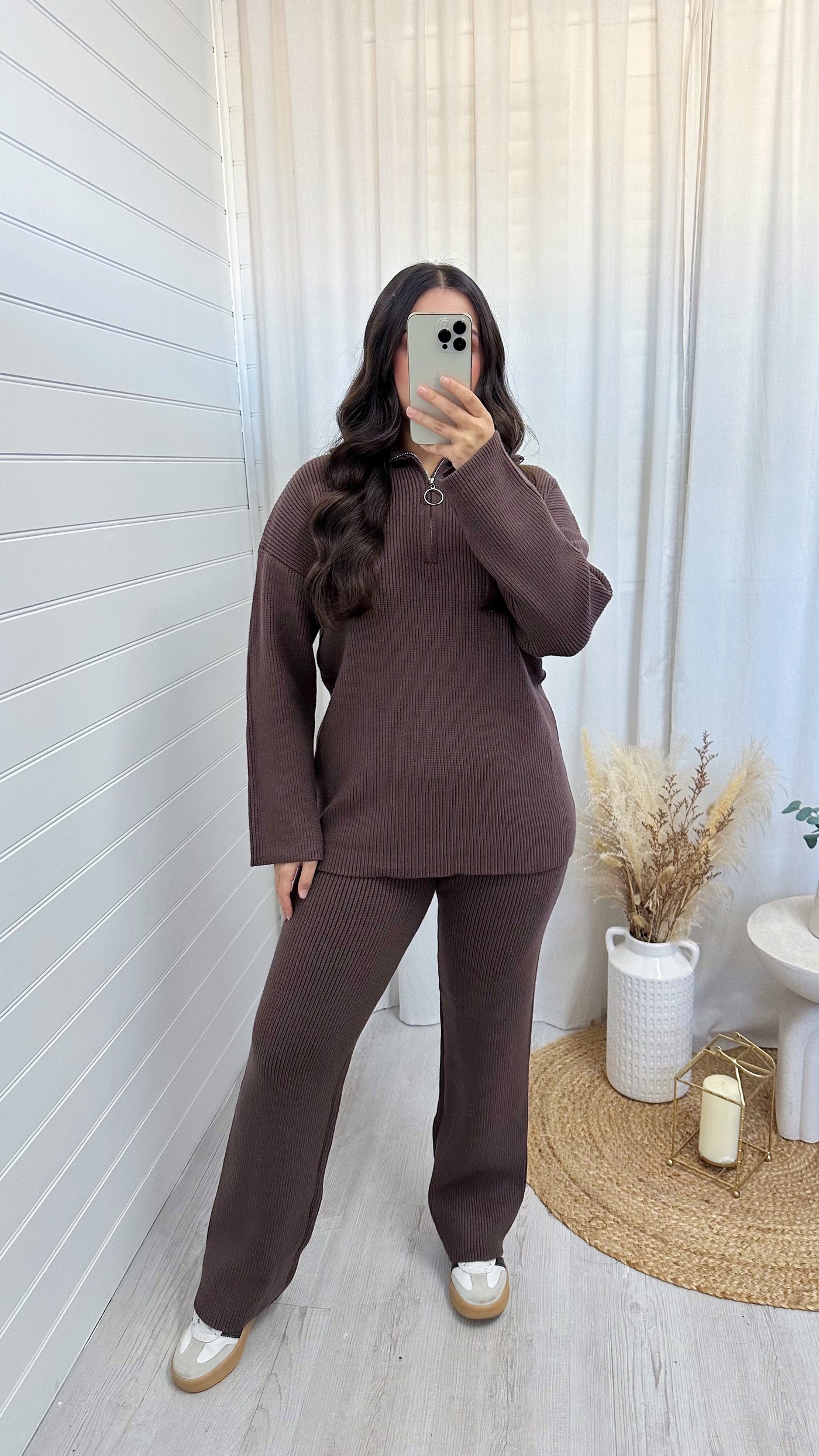 Chunky Knitted Quarter Zip Top and Trousers Co-Ord - BROWN