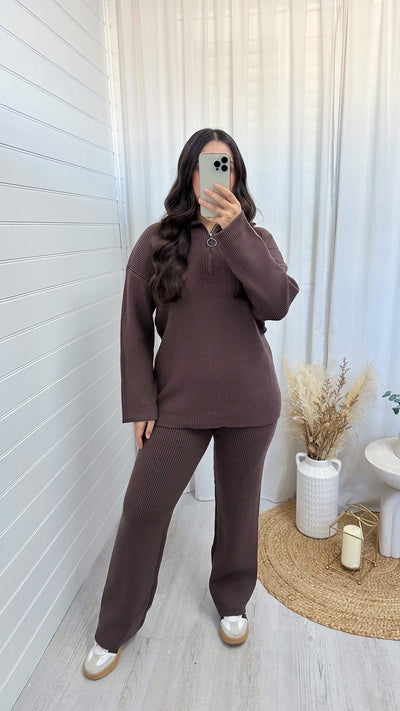 Chunky Knitted Quarter Zip Top and Trousers Co-Ord - BROWN