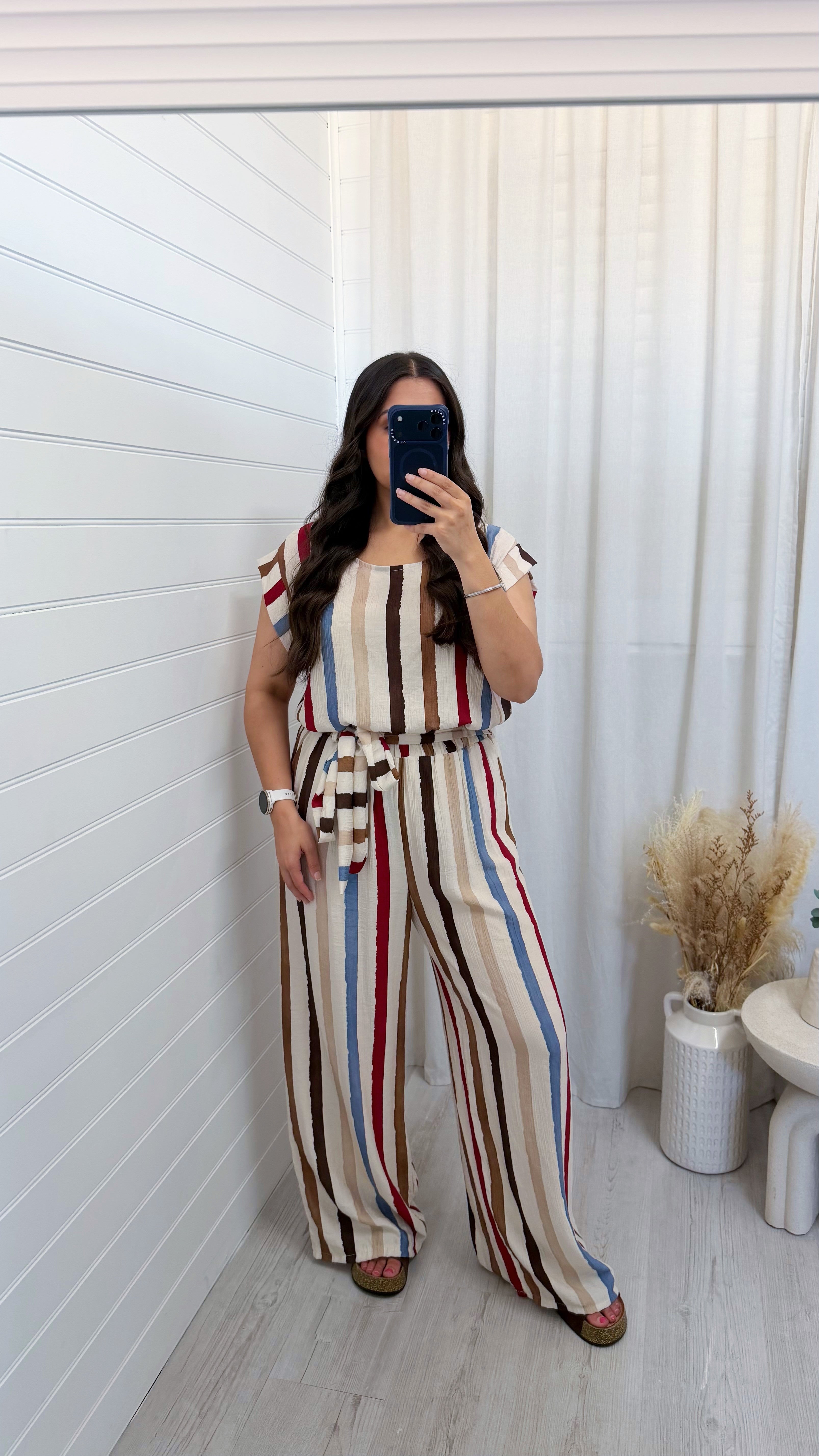 Block Stripe Frill Top and Trouser Co-Ord - BEIGE