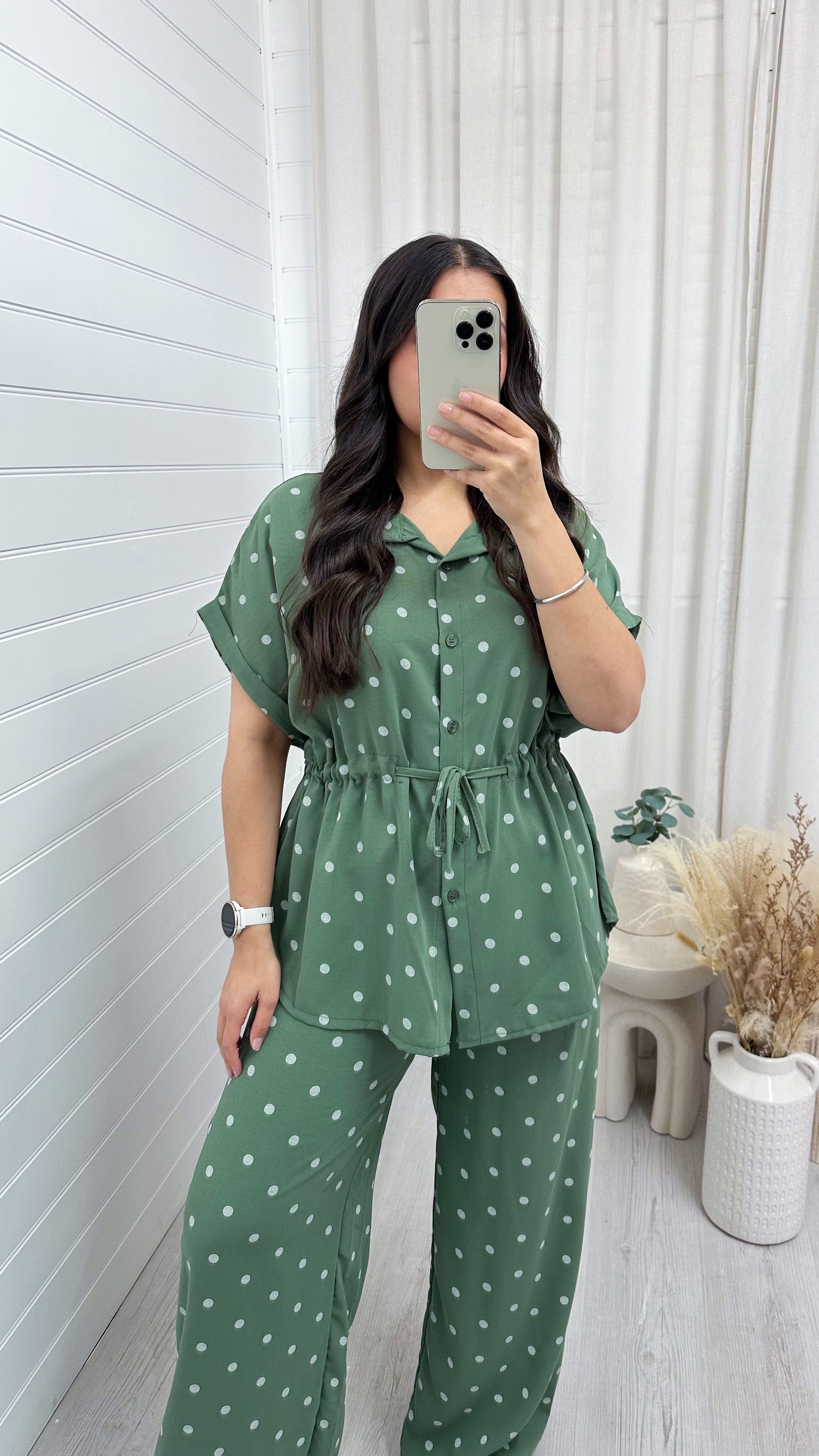 Polka Dot Cinched Shirt and Trousers Co-Ord - KHAKI