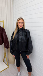 High Neck Puffed Leather Jacket - BLACK