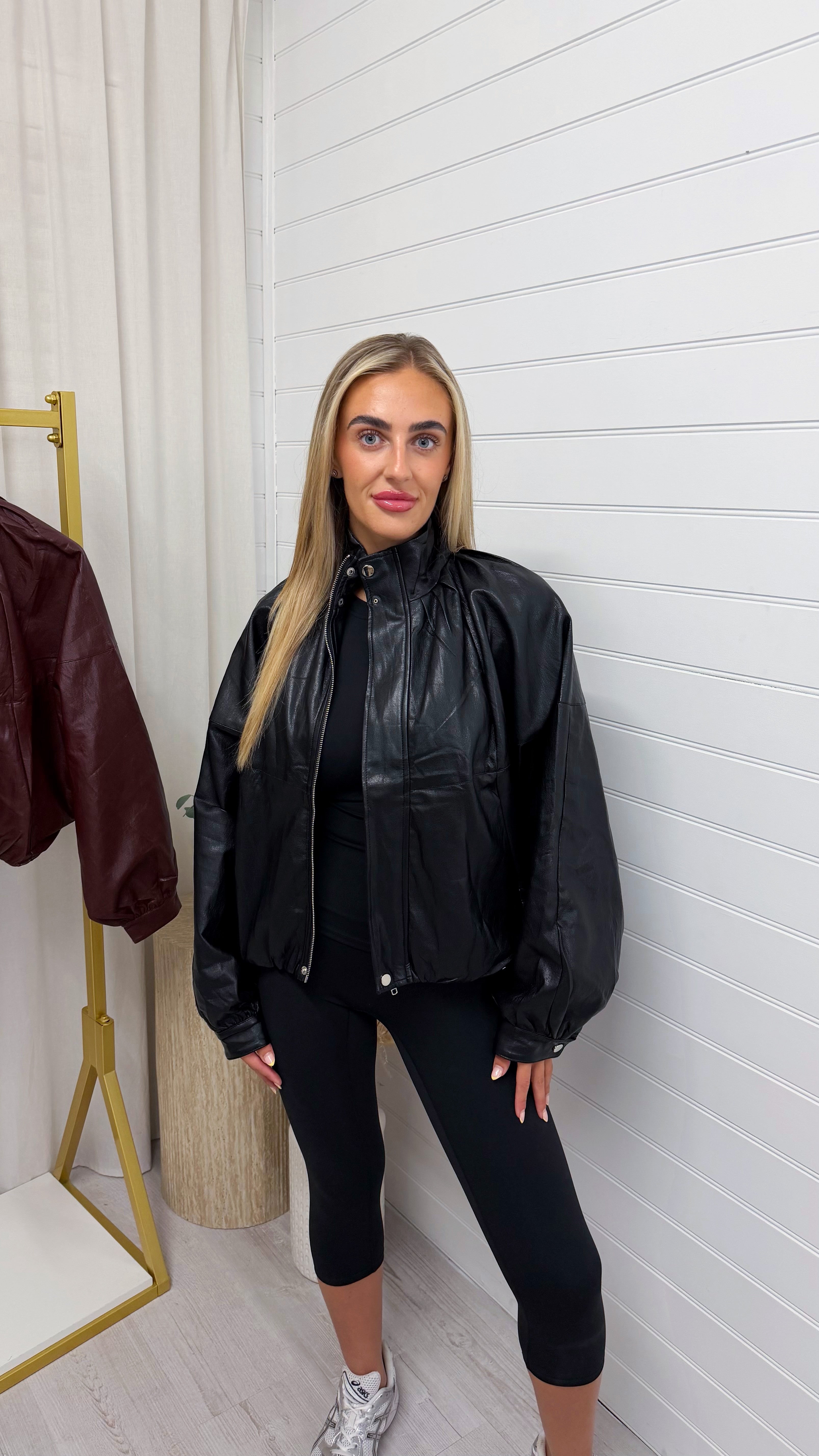 High Neck Puffed Leather Jacket - BLACK