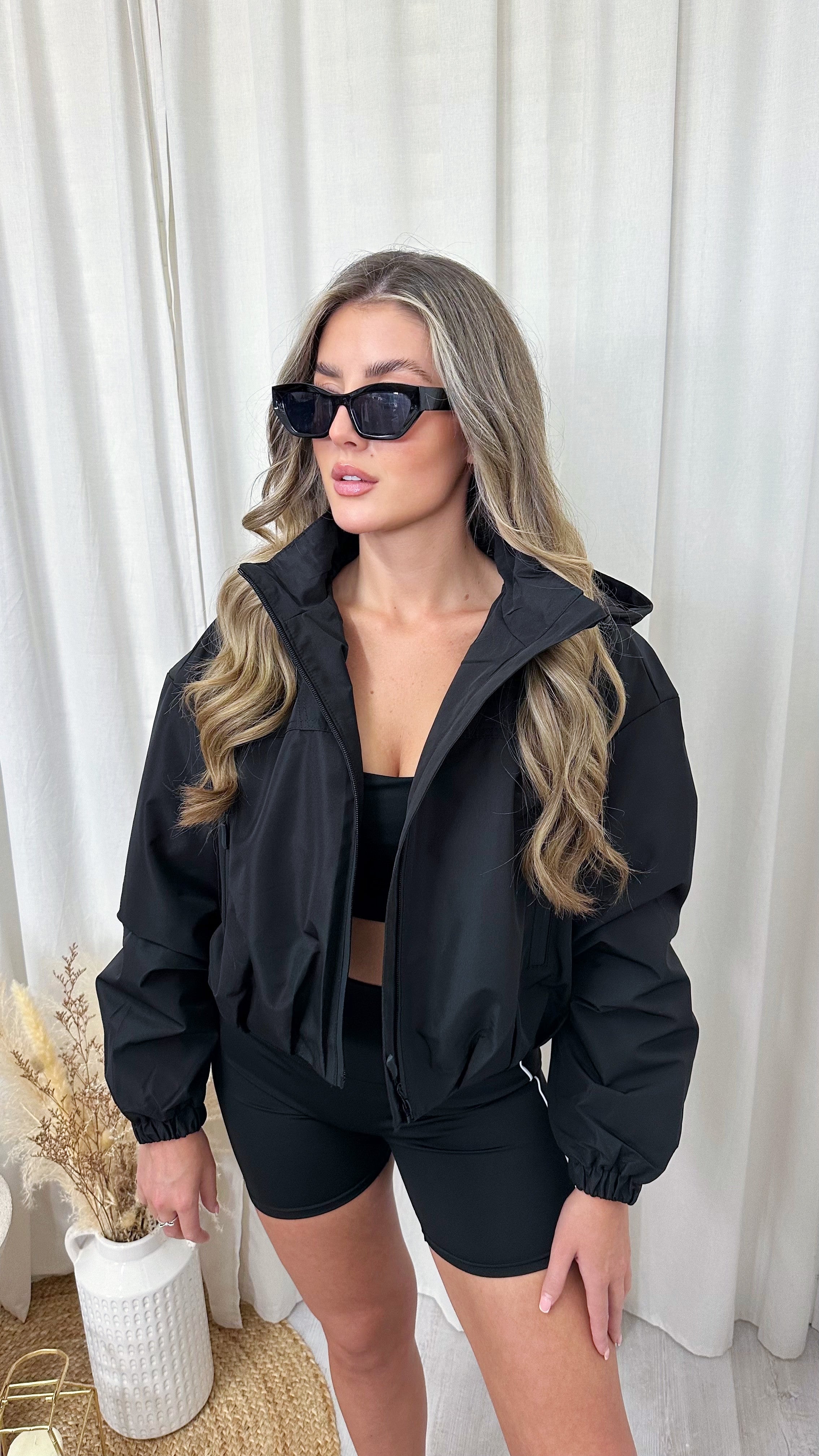 Cropped Athletic Bomber Jacket - BLACK