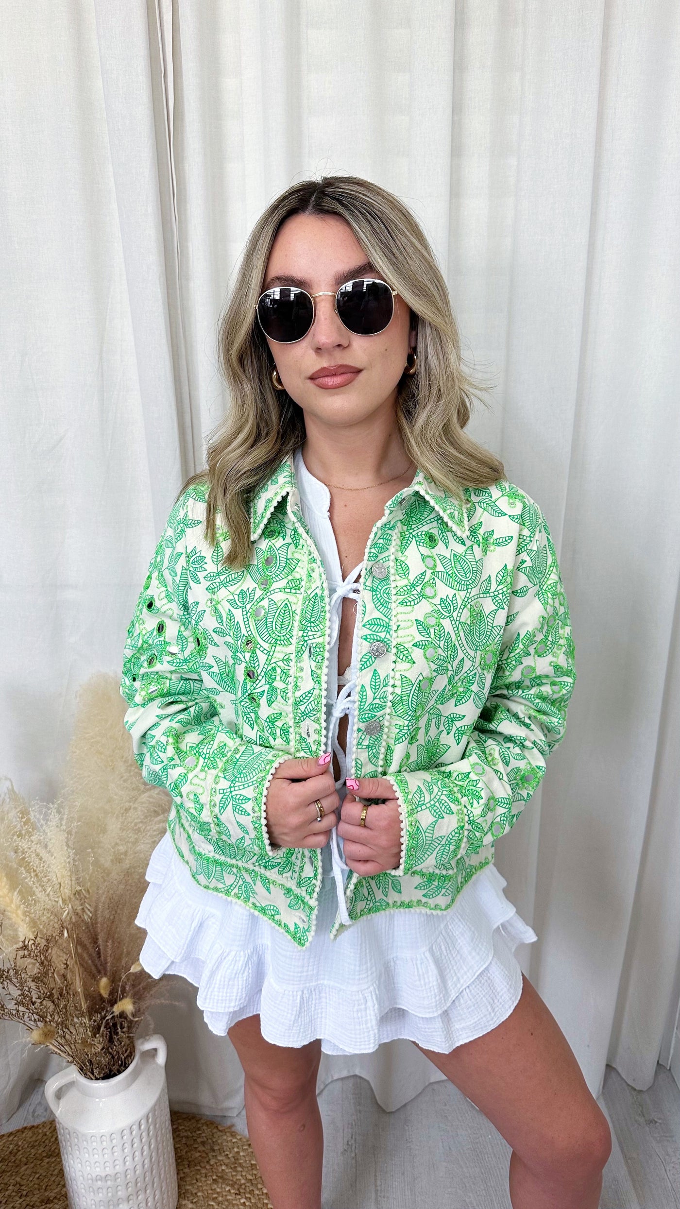 Sequin Denim Jacket - GREEN