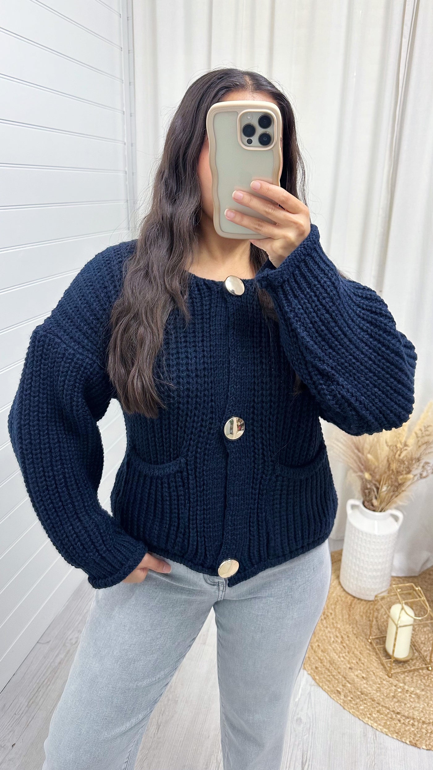 Chunky Knit Gold Button Cardigan NAVY Altoria