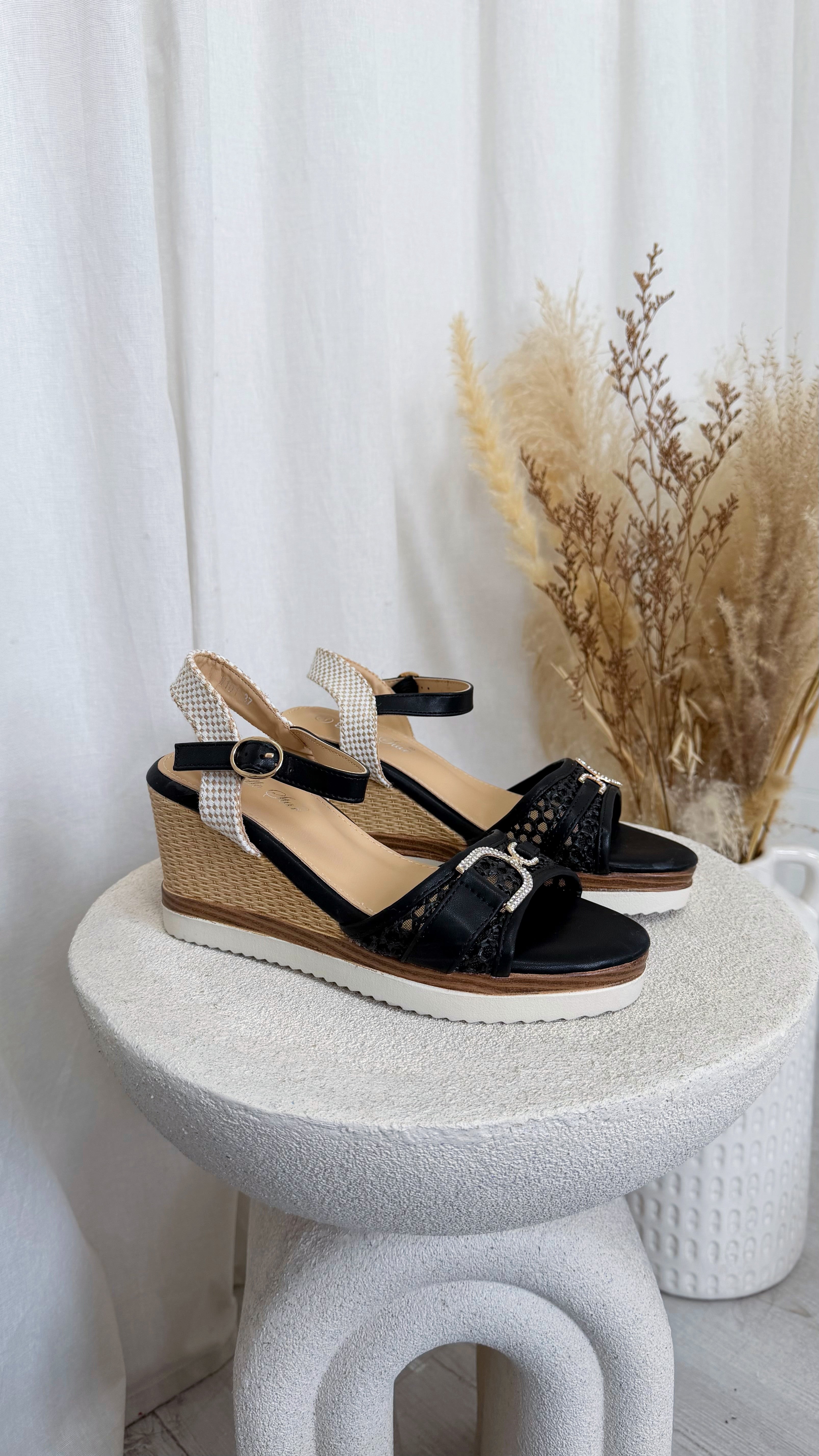 Lace Detail Wedge Sandals - BLACK